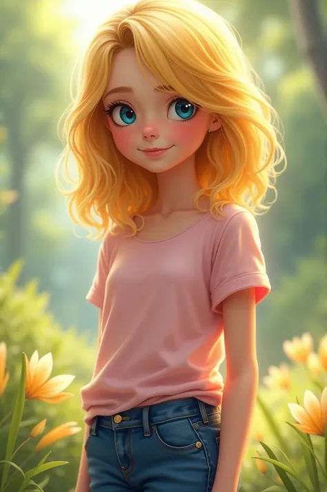 1 girl with yellow hair and blue eyes. Her clothes are a pink t-shirt and blue pants.