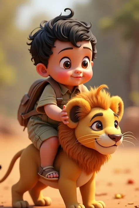 8 month old baby in safari outfit black wavy cropped hair dark round eyes full closed mouth sitting on top of a baby lion with mane Pixar 3d