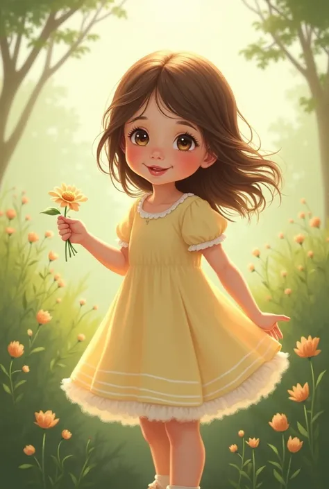  with brown hair, Caucasian skin, brown eyes child holding a flower, light yellow dress with a white ruffle at the bottom