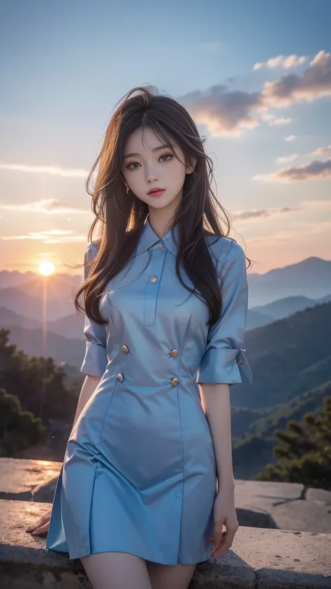 ulzzang-6500-v1.1, (RAW photo: 1.2), (Real photo), (Real photo: 1.4), 1 girl、Perfect anatomy、1、Looking at the camera、Medium length hair、Uniform sexy dress, watching the sunset, ((in the mountains: 1.1))、(Business service)、Asian eyes Ella,