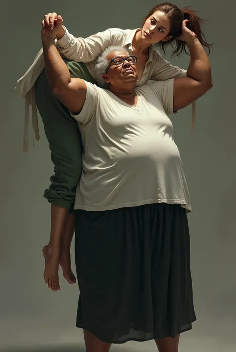 Create a photo of an elderly woman, 90 years old, obese, with black and dark skin, wearing a white shirt and black skirt and glasses, lifting the body of a 2 woman from the ground by the waist and lifting it high into the air, with light white skin, light ...