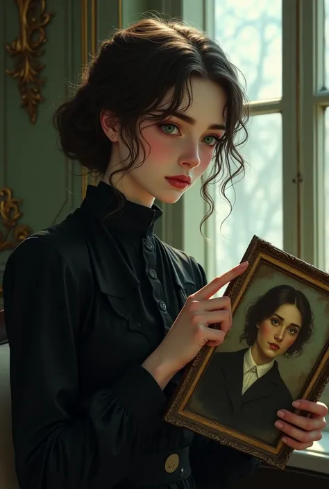 a 20 year old girl from the 1900s with curly brown hair and green eyes, sad expression, dark circles under the eyes, dressed in black, pale, sitting by a Victorian style window holding an old portrait of another woman