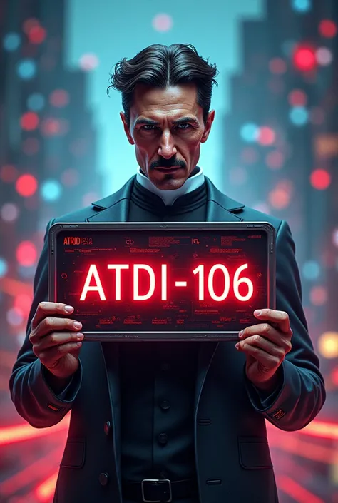 a highly detailed digital illustration of Nikola Tesla holding a sign that says "ATDI-106" against a background filled with icons representing digital tools such as rs, iot, ai, cloud, wifi, etc, cinematic lighting, 8k, photorealistic, concept art style, v...