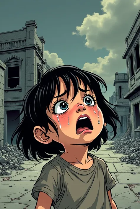 Generate a comic book style image for a comic of a crying Hiroshima child survivor, with the city still in cartoonish ruins