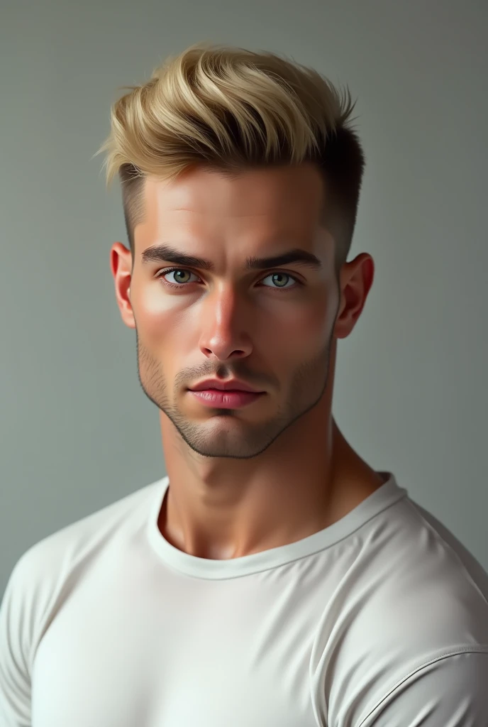 Realistic portrait of a man,attractive, sexly, blonde short hair shaved short on the sides and the top hair longer and styled to the side, blue eyes, significant face, chin depressed, slim nose, full lips, white T-Shirt, 