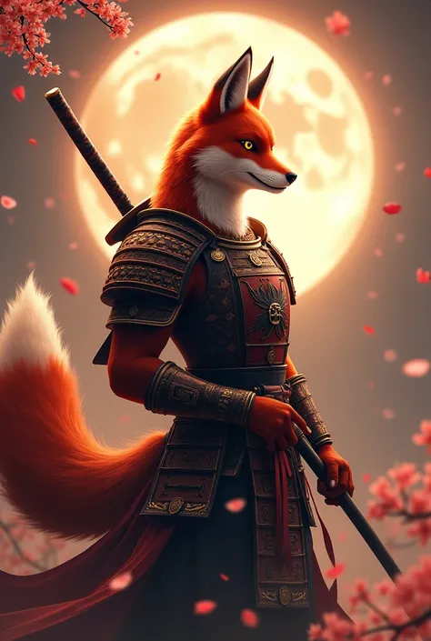 A samurai anthropomorphic fox with a moon background 