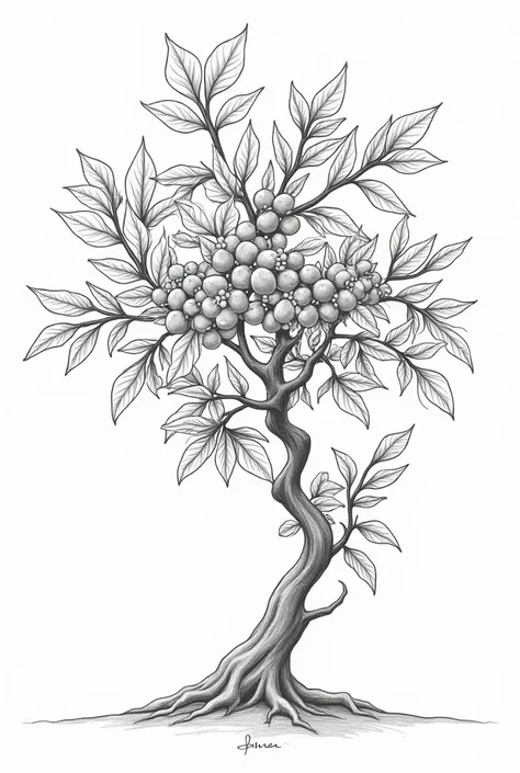 Coffee plant drawing in a single line, with many fruits and branches
