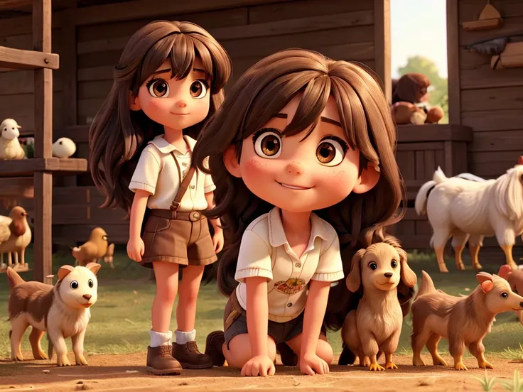 Show a female child, at , dark brown eyes and hair, long hair with bangs, on a farm, happy, surrounded by dogs and chickens