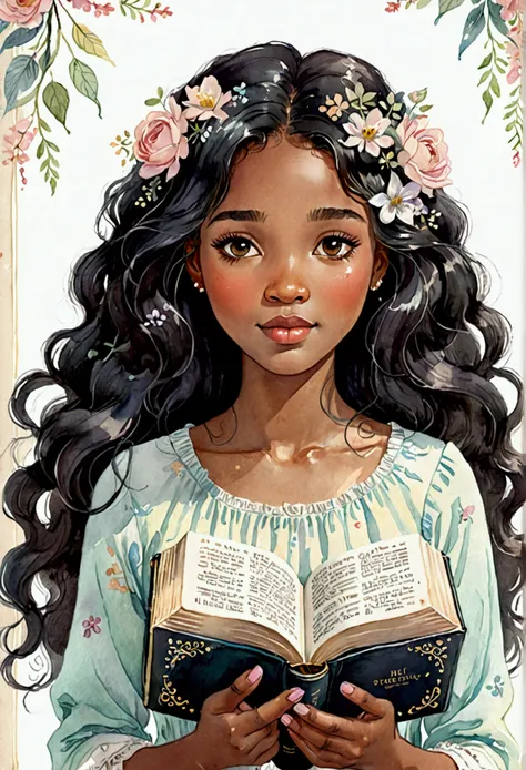 Cute cartoon, A Beautiful Girl with Holy Bible, blackquality hair, delicate and happy face, enchanted facial expression, espiritual, dreamy portrait style, delicate flowers, delicate soft colors, shabby chic, sleepycore, watercolor style, tons pastel