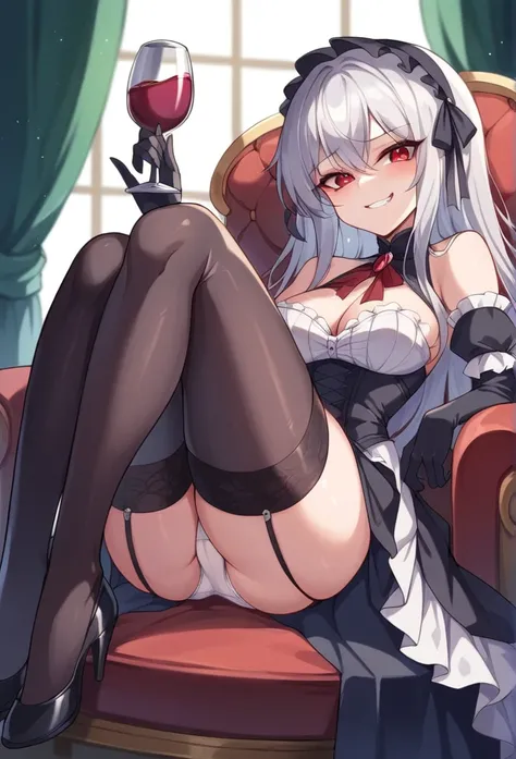 NSFW, ,best quality,cute girl,  silver hair, ,, ,High heel pumps,Wine Red color Gothic Lolita(:1.3),, , garter straps,black thighhighs,Sit in a luxurious chair in a luxurious room in a castle , seductive grin smug, (sexy push up White panties:1.3), 姫カット, 