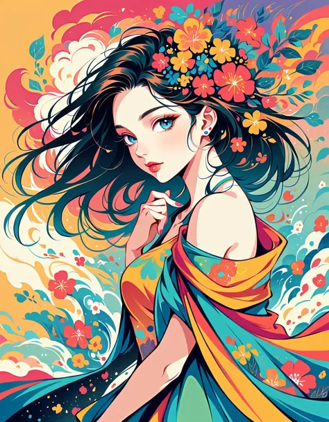 Create a pop art style digital artwork, Bold makeup and colorful fashion、Featuring vibrant and confident women, complementary colors, Surrounded by abstract floral patterns, Powerful brushwork,The atmosphere should be dynamic.,cute cat