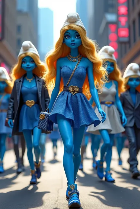 Smurfette a cartoon characters as supermodels wearing Gucci and walking through the streets together.
