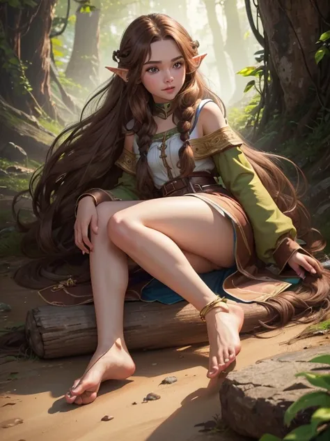 ((Best quality))) (((HD))) (((8K))) (Character) 20-year-old girl, ((Adventurous)) elf, ((Beautiful)) and ((cheerfulness)), ((Brown hair)) and ((Long hair)), ((full body)) and ((barefoot))