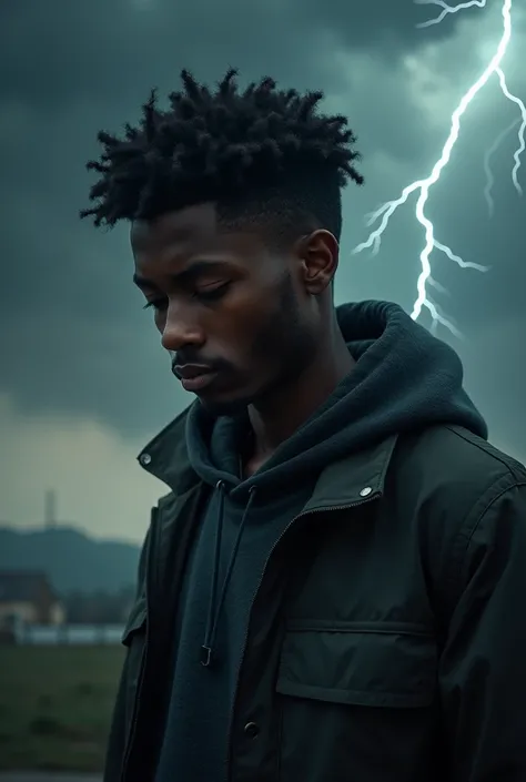 Un homme jeune noire qui regarde le sol avec plusieurs orages autour de lui un portait photo