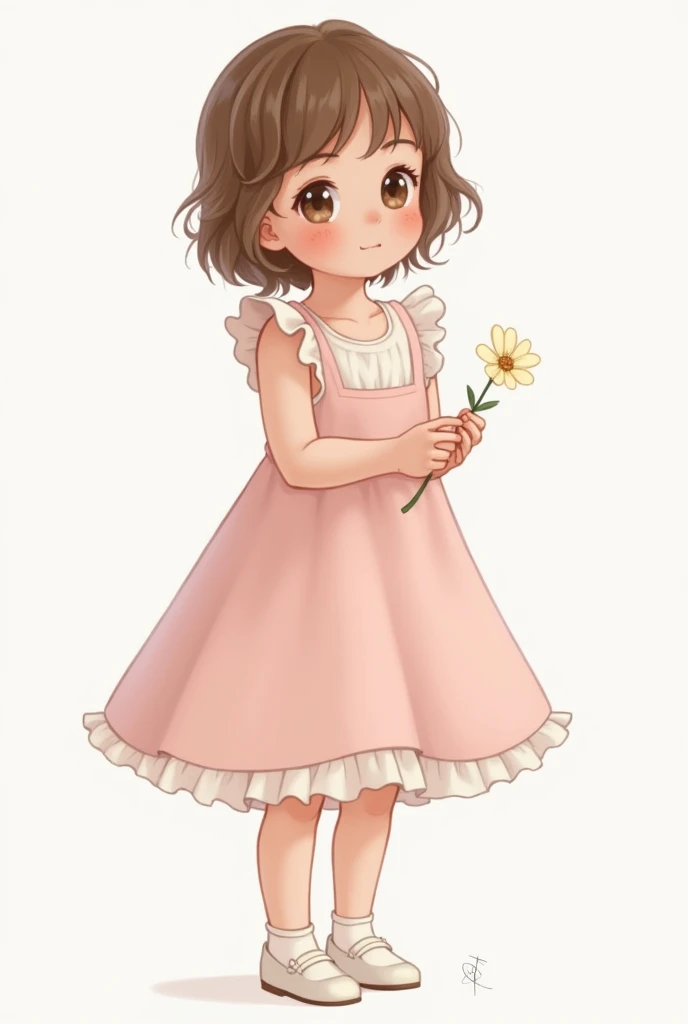  with brown hair, Caucasian skin, brown eyes child holding a flower, light pink dress with a white ruffle, below white shoe, in the photo it would be a little to the side with a png background