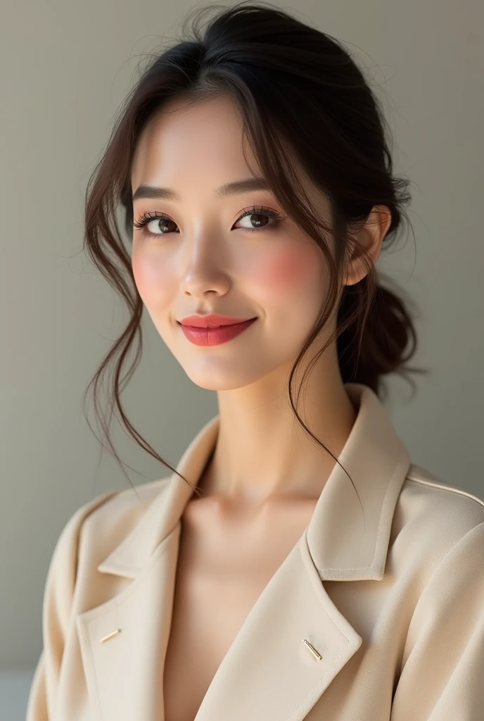 Create an AI-generated portrait of Shizuka Minamoto, a stylish beauty influencer with a sophisticated look. She should have a radiant smile, clear skin, and elegant makeup. Her attire should reflect modern fashion trends, and she should exude confidence an...