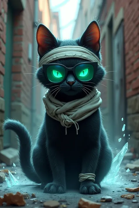 create a photo realistic image of a character named Iceberg-Kitty, a mischievous black alley cat with a cunning smile wearing bandages around his head, glowing green eyes that pierce through his sunglasses and has ice powers