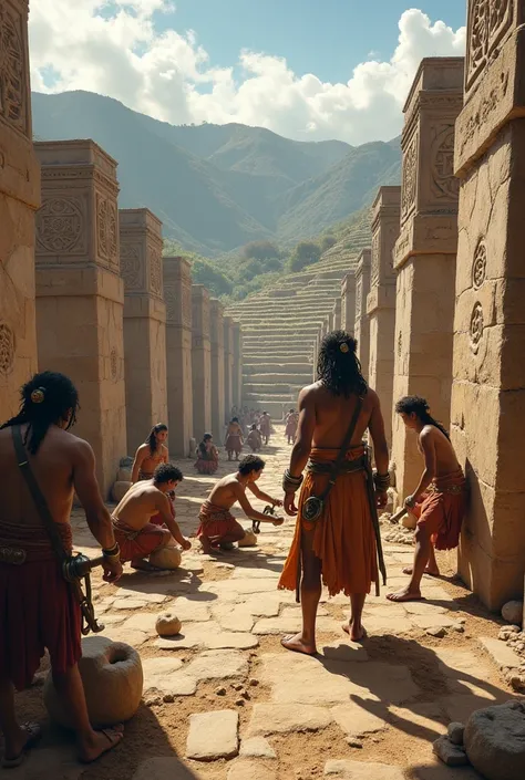 make a picture of A young Inca architect now supervises a group of workers who carve stones with precise angles. In the background you can see the beginnings of terraced fields and stone walls..