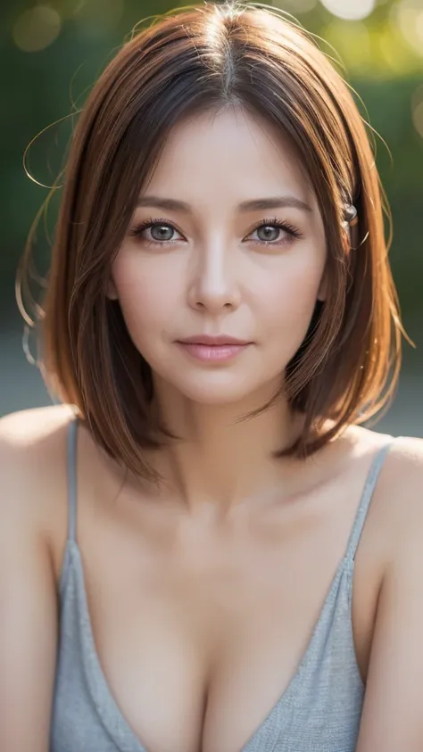 ８K, super detailed, masterpiece, highest quality, Photoreal, detailed face, fine eyes, 40 year old woman, 1 person, cute face, The lower lip is thick and plump, facing the front, nice body, ((look into the viewer&#39;s eyes)), gorgeous hairstyle, thin clot...