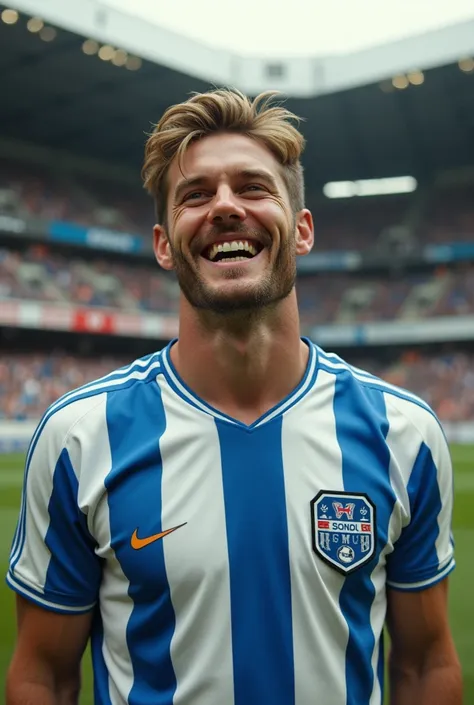 (photorealism:1.2), Icelandic footballer Hölfen Halmër laughing with retro shirt And retro photo 2007 With the shirt of the Grasshoppers Zurich team from Switzerland blue stripe and white stripe Inside the Zenith stadium