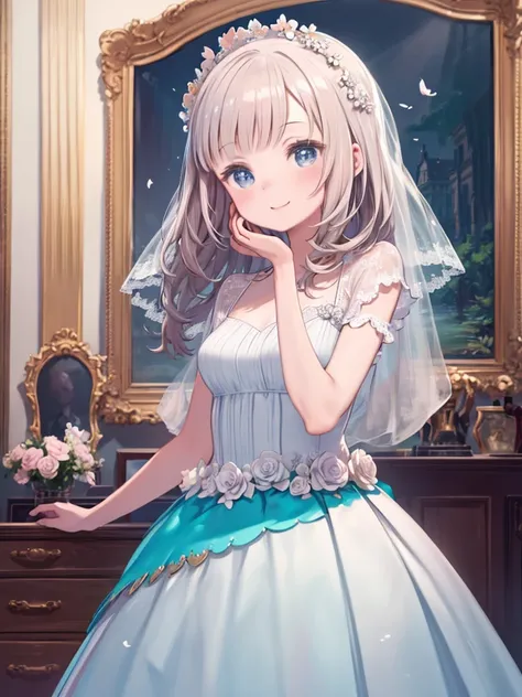 Photorealistic、Nendoroid wearing a wedding dress standing in front of a painting、Laughter、Cute pose、Watercolor Nendoroid、(high resolution figures)、Flowing iridescent silk、Close-up of face、Look up、Heart symbol、Floral Dress、There is also a flower in front of...