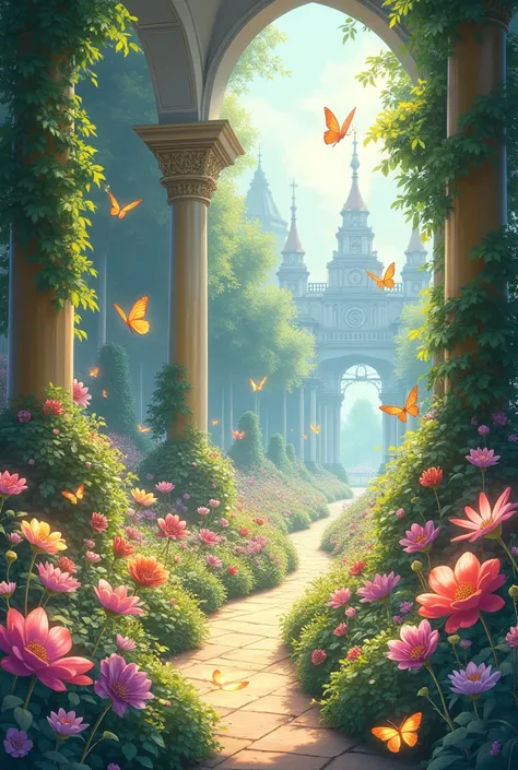 A beautiful anime  royal garden in  a palace ,with flower blooming, butterflies every where which glowing sun rays falling on them  with small size of the image 