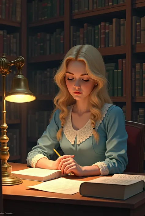 20 year old blonde girl from the 1900s, blondie hair, eyes browns, white, dressed in blue, sitting in a library studying