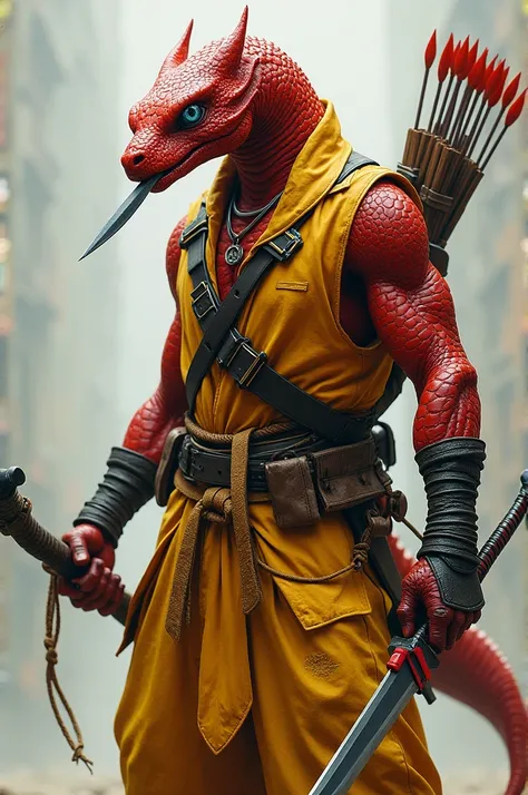 Red skink man Blue eyes A black sword with red details Yellow clothes A dagger in the mouth Bow and arrow on the back