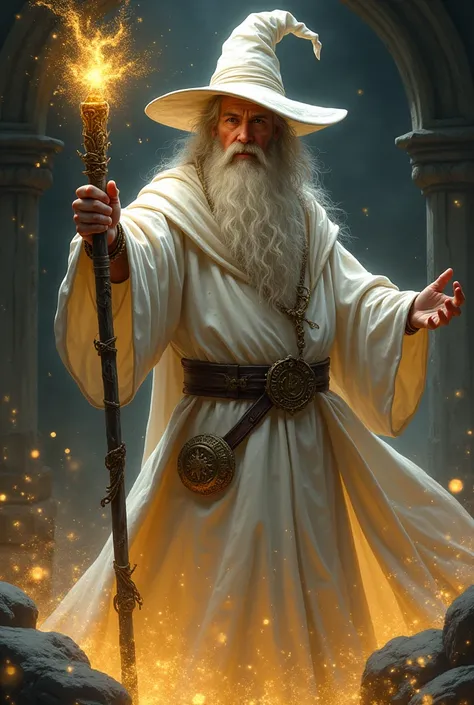 30 year old white wizard, naughty man, short brown hair, eyes covered by the brim of the pointed white hat, holding a magic staff, white medieval style robes, dark background with golden light and golden particles around the wizard. drawing style