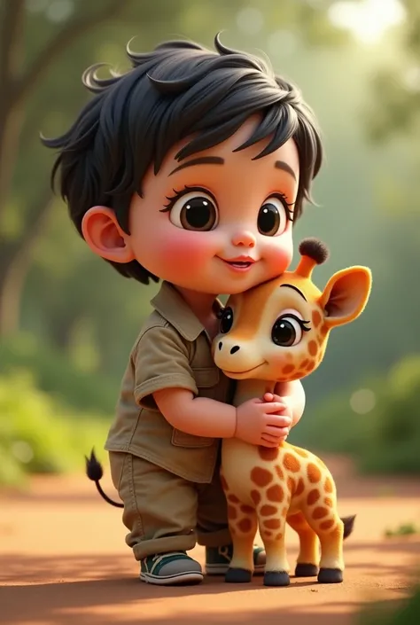 8 month old baby in safari outfit black wavy cropped hair dark round eyes full closed mouth hugging a baby giraffe Pixar 3d