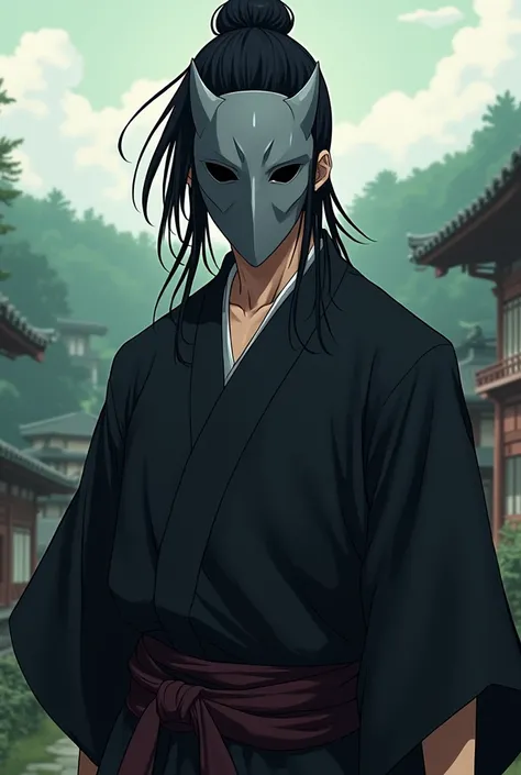 Create an anime style male character wearing a black haori with long black hair tied up with a gray hannya mask 