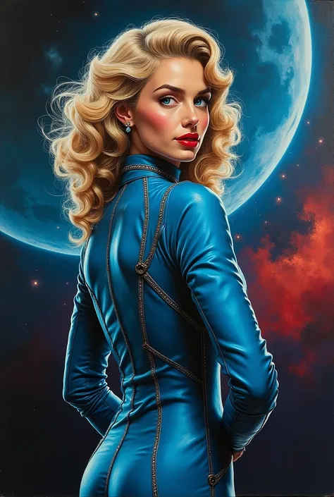 High-quality realistic acrylic art, VIVID COLORS, back point a view, a beautiful vintage european woman with blonde curly hair, looking at the viewer with suspicious face and a shy smile, red lips, she wears blue metalic atomic age style space suit, hands ...