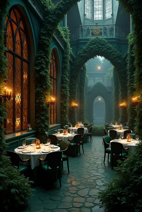 Landscape of a wide luxurious dark restaurant with a Slytherin theme 

(No person)