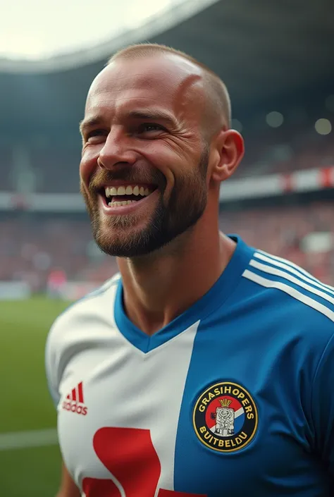 (photorealism:1.2), hölfen Halmër Icelandic footballer laughing with retro shirt Almost bald hair but with hair Beard And similar to Roy Keane And retro photo 2007 With the shirt of the Grasshoppers Zurich team of Switzerland Blue stripe one and white stri...