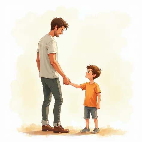  Create a watercolor image of an adult man and a boy, which go together, holding hands. Use easy, gentle brushstrokes to convey the emotional connection between them. The background should be light and soft, to focus on the characters.character design, sil...