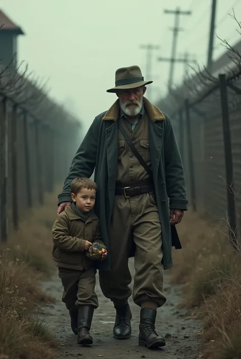 Make a man with his son in a concentration camp 1945, The man speaks to him and hides the evil of the concentration camp from the child by making him believe that it is a competition to win a combat tank.