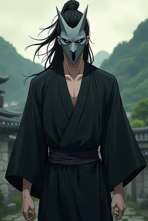 Create an anime style male character wearing a black haori with long black hair tied up with a gray hannya mask 