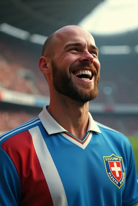 (photorealism:1.2), hölfen Halmër Icelandic footballer laughing with retro shirt Almost bald hair but with hair Beard And similar to Roy Keane And retro photo 2007 With the shirt of the Grasshoppers Zurich team of Switzerland Blue stripe one and white stri...