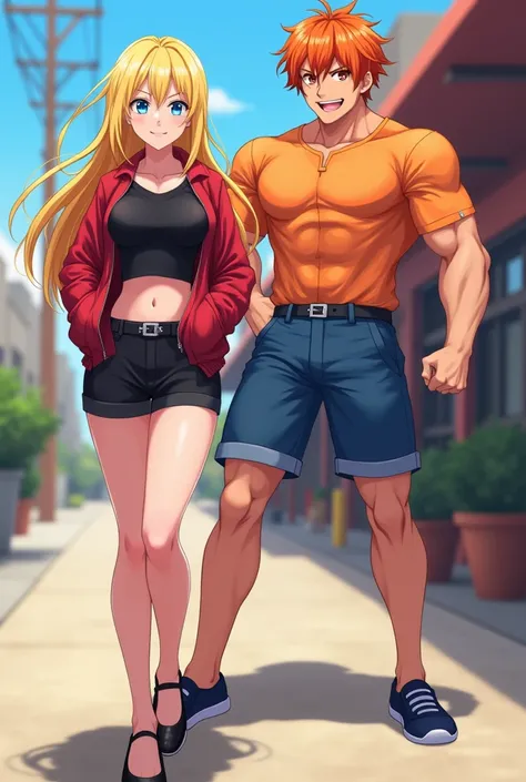 two anime girls, in a black shirt and red jacket in half open, in black Flats, black shorts, 1girl, solo, blonde hair, blue eyes, breasts, long hair, navel, smile, large breasts, midriff, looking at viewer, full body, 4k hd, big breasts, legs visible, tall...