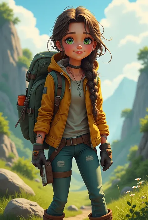 (masterpiece, Best quality:1.2), ((Best quality,4K,a high resolution,masterpiece:1.2)),((character concept art)), Young, energetic explorer in the post-apocalyptic world, where nature has reconquered the land. She has long ones, wavy brown hair, braided in...