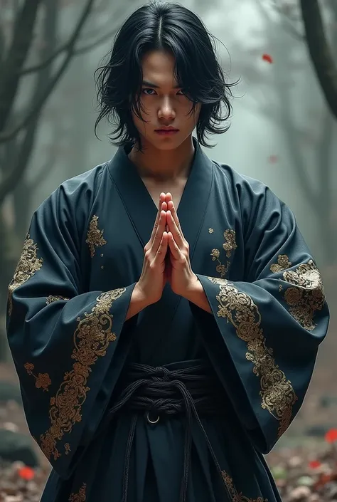 Male paranormal order character with shoulder length hair, taekwondo kimono with hand tying