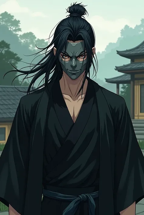 Create an anime style male character wearing a black haori with long black hair tied up with a gray hannya mask 