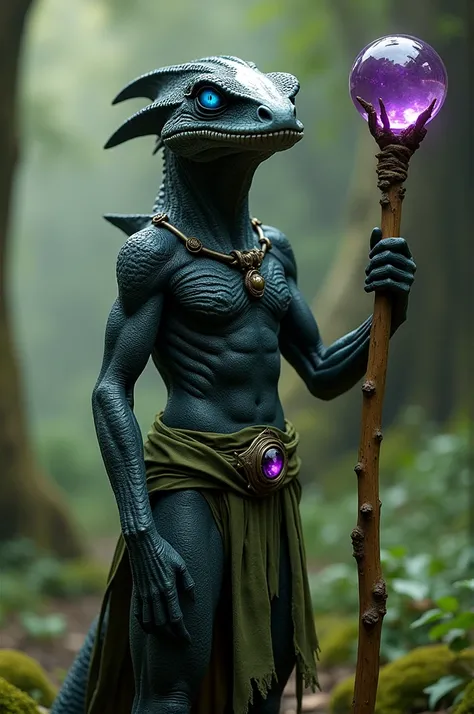 Black lizard man with a white spot on his face and bright blue eyes A wooden staff with a purple glass sphere Green clothes 
