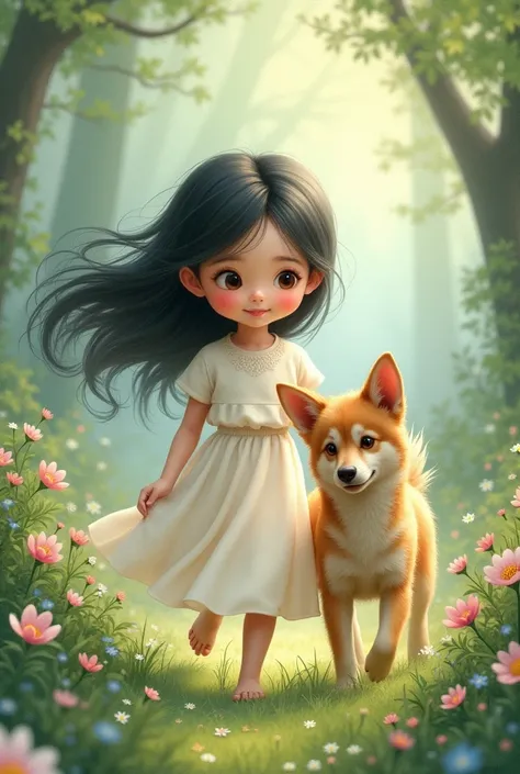 Cute cartoon, a beautiful child walking in the forest with her dog, blackquality hair, delicate and happy face, enchanted facial expression, espiritual, dreamy portrait style, delicate flowers, delicate soft colors, shabby chic, sleepycore, watercolor styl...