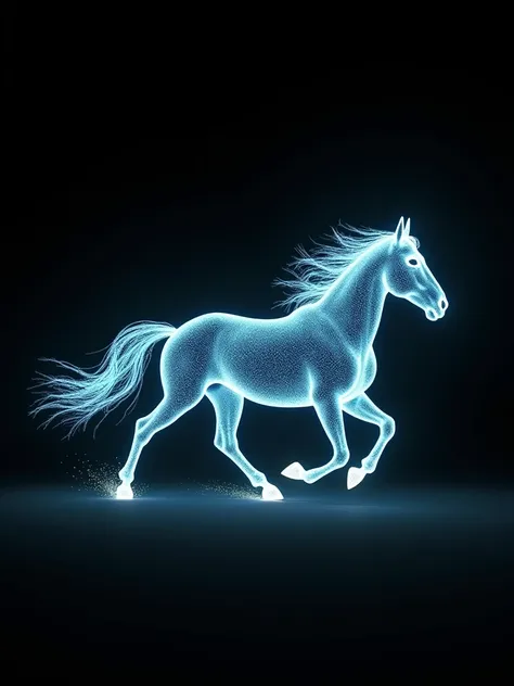 A hyperrealistic refined image with luminescent fireflies forming the profile of a running horse. The edges of the horse are not clear. Black background. Only black and luminescent light from the fireflies. Great attention to details, textures, and light. ...