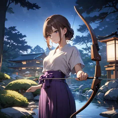  High resolution, masterpiece, 最high quality, Very detailed, high quality, Textured skin,  Brown Hair, Natural look, Japanese garden,night,Cinema Lighting, Purple Hakama,chest, born,Professional photography,Cinema Lighting, 丸いchest,Holding a bow,