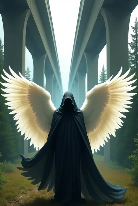 angel with open white wings and black hood under highway with trees around