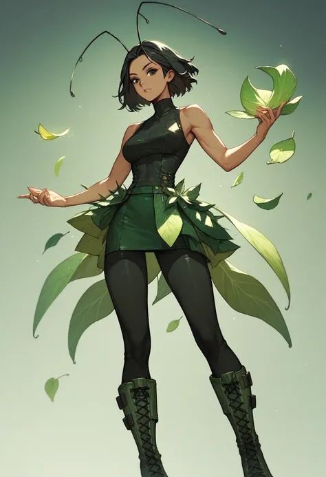 1girl, black eyes, black hair, seamless hair, shoulder-length, antennas, sleeveless, dark green bodysuit, black pants, dark green leaf mini skirt, dark green boots