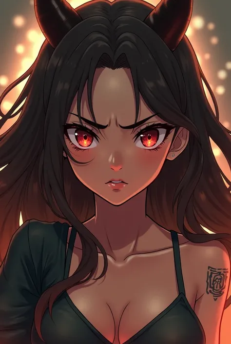 female character, brownhair, brown skin, . eyes browns. anime character. frowning, appearance of stress and anger. half demon and half witch character

 
