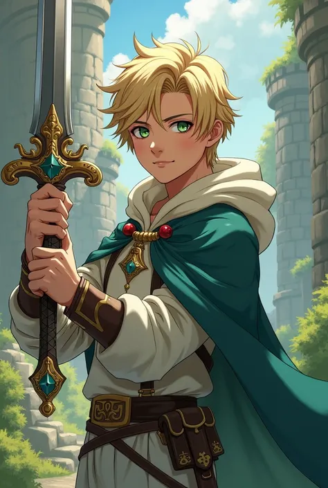 Japanese anime style: Young man with blond hair and green eyes, wears casual medieval clothing, holds a sacred sword and has a determined look but has a gentle expression for being young